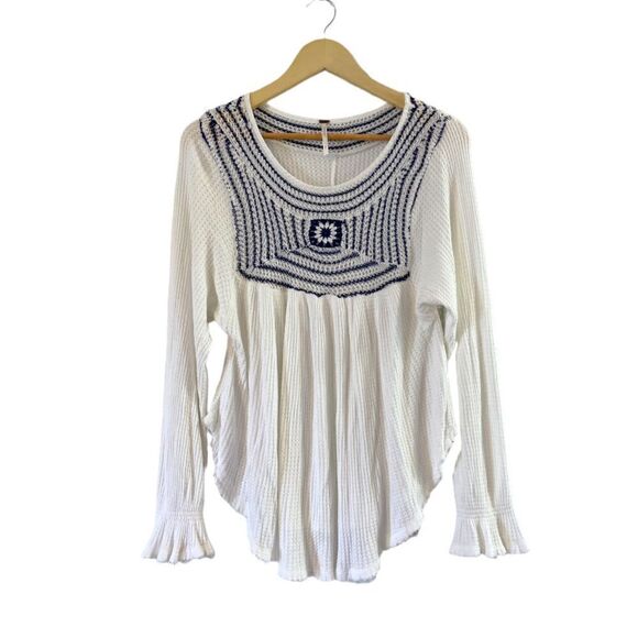 Free People Soul Mate Knit Hi-Lo Thermal Long Sleeve Top, Blue/White, Size Small - Picture 3 of 10